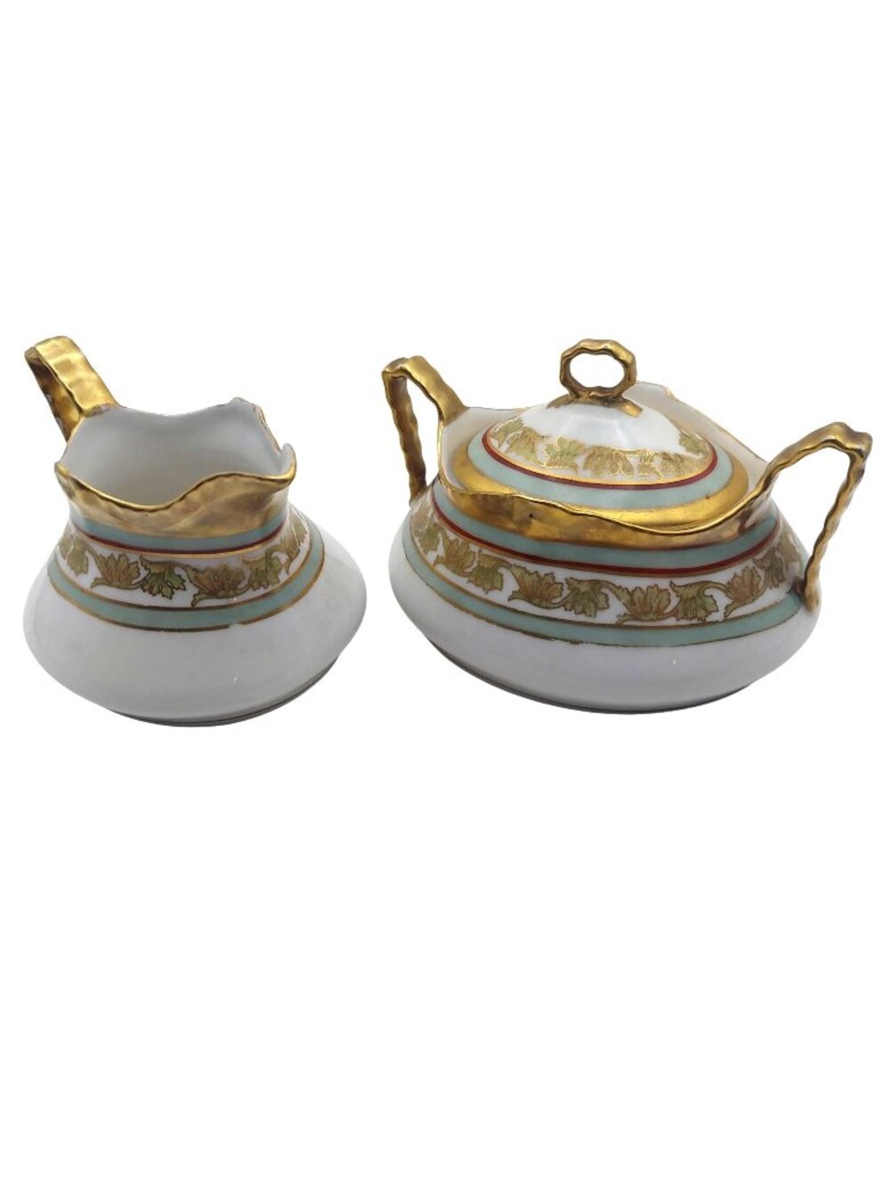 Limoges Coronet France Porcelain Sugar Bowl Creamer Leaf Motif Gold Trim Antique